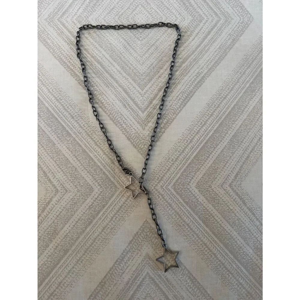 Pendant Y-Necklace Aged Silver Tone Layering - Adjustable Dainty Double Star